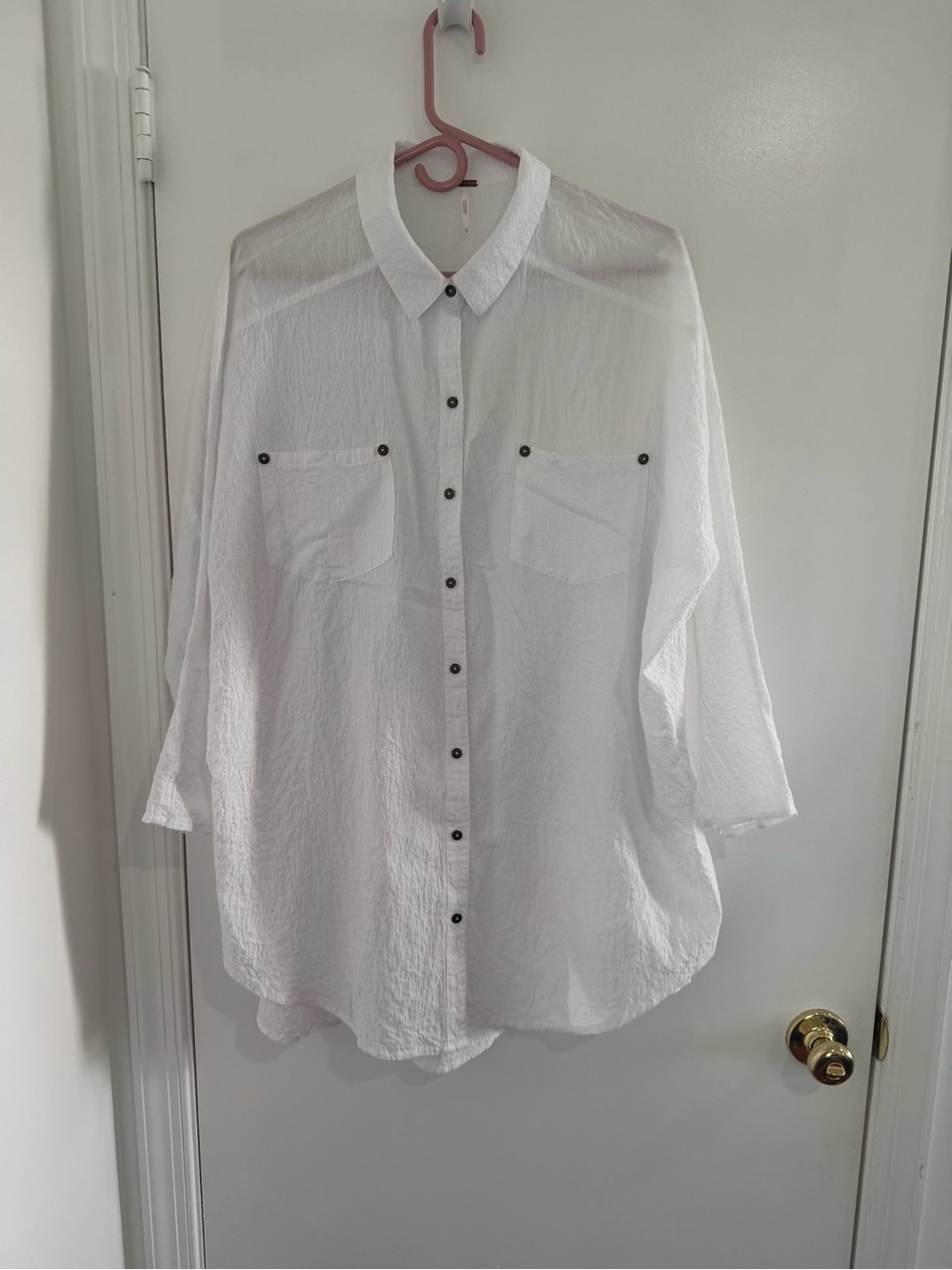 Free People White Button Down Tunic Shirt High Low Collared Oversized Boho Sz M